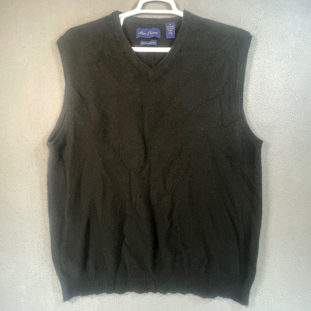 Alan Flusser Sweater Vest Mens XL Black Cashmere V-Neck Solid Sleeveless Vest